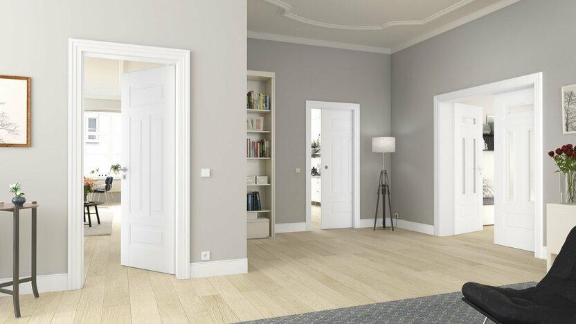 Wohnzimmer Wohnzimmer mit Blick auf drei weitere Räume hinter weißen Türen, gemütlich eingerichtet mit grauen Wänden