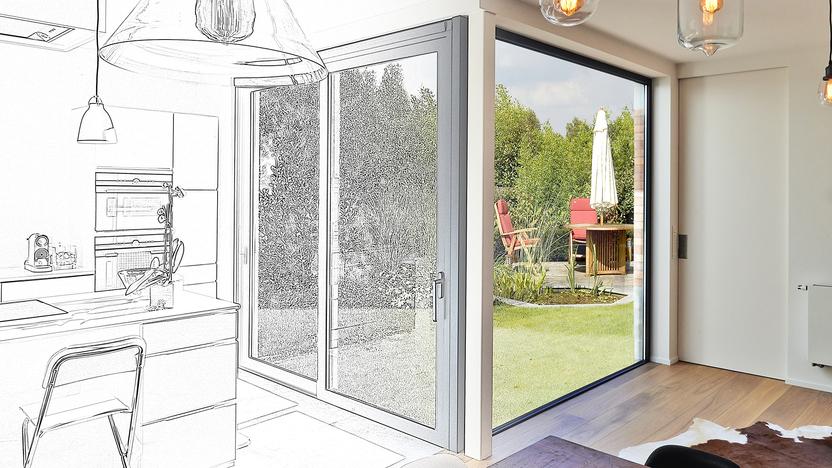 Küche und Terrasse frei planen Küche mit Blick in den Garten Zeichnung